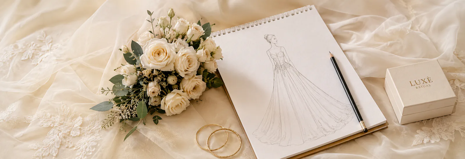 Bridal gown sketch and flowers